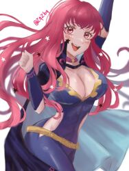 Rule 34 | 1girl, belt, black cape, blush, bodysuit, breasts, cape, chest strap, choker, cleavage, clothing cutout, facial mark, fire emblem, fire emblem engage, hair ornament, large breasts, long hair, nintendo, open mouth, pink choker, purple bodysuit, red eyes, red hair, side cutout, simple background, smile, solo, star (symbol), star facial mark, star hair ornament, yellow belt, yunaka (fire emblem), zqzbq