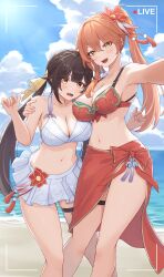 2girls absurdres alternate_costume armpits bare_legs bare_shoulders beach bikini bikini_skirt blue_sky blush breasts brown_hair cleavage cloud cloudy_sky collarbone commentary_request flower guinaifen_(honkai:_star_rail) hair_flower hair_ornament hand_on_another&#039;s_arm highres honkai:_star_rail honkai_(series) large_breasts long_hair looking_at_viewer multiple_girls navel ocean open_mouth orange_bikini orange_hair orange_sarong recording revision sand sarong sky stomach summer sushang_(honkai:_star_rail) sweatdrop swimsuit taro_(peach_taro51) teeth thigh_strap thighs upper_teeth_only viewfinder white_bikini yellow_eyes