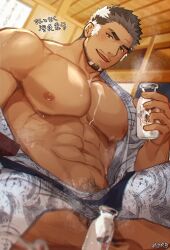 Rule 34 | 1boy, abs, bara, bare pectorals, black hair, blush, bottle, facial hair, food on body, food on pectorals, gozu farm, gyee, highres, holding, holding bottle, japanese clothes, kimono, large pectorals, male focus, milk bottle, multicolored hair, muscular, muscular male, navel, nipples, open clothes, open kimono, pectorals, short hair, sitting, smile, solo, takashi (gyee), translation request, two-tone hair, white hair