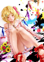 Rule 34 | 1girl, alternate costume, bare legs, bare shoulders, barefoot, blonde hair, brooch, checkered floor, collarbone, colored eyelashes, contemporary, embodiment of scarlet devil, eyelashes, feet, female focus, flandre scarlet, floor, flower, highres, jewelry, lips, off shoulder, panties, pantyshot, red eyes, ribbon, shiki takuto, short hair, side ponytail, sitting, smile, solo, striped clothes, striped sweater, sunflower, sweater, touhou, underwear, wings