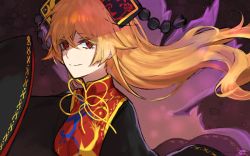Rule 34 | 1girl, artist name, bad id, bad twitter id, black dress, black hat, bow, bowtie, chinese clothes, closed mouth, crescent, dress, energy, eyes visible through hair, hair between eyes, hand up, hat, junko (touhou), long hair, long sleeves, looking at viewer, orange hair, phoenix crown, pom pom (clothes), red eyes, red vest, shadow, smile, solo, sp0i0ppp, tabard, touhou, upper body, vest, wide sleeves, yellow bow, yellow bowtie
