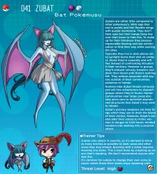 Rule 34 | 1boy, 1girl, animal ears, artist name, bat ears, bat girl, bat wings, blue hair, blue skin, breasts, character name, character profile, colored skin, covered eyes, creatures (company), english text, game freak, gen 1 pokemon, hat, highres, kinkymation, long hair, monster girl, nintendo, open mouth, personification, poke ball, pokemon, profile, purple hair, very long hair, winged arms, wings, zubat