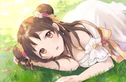 Rule 34 | 1girl, :d, arms up, breasts, brown eyes, brown flower, brown hair, commentary request, day, double bun, dress, flower, gucchiann, hair bun, hair flower, hair ornament, highres, looking at viewer, medium breasts, on grass, open mouth, outdoors, pink flower, princess connect!, smile, solo, suzume (princess connect!), suzume (spring) (princess connect!), white dress, white flower