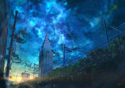 Rule 34 | blue sky, blue theme, building, commentary request, fence, highres, ivy, japan, landscape, light rays, niko p, original, power lines, scenery, signature, sky, skyscraper, star (sky), starry sky, sunset, tower, utility pole
