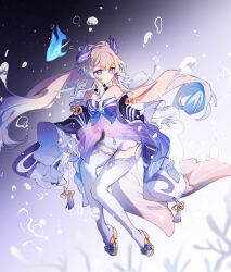 Rule 34 | 1girl, bare shoulders, black collar, blue hair, blue sleeves, bow-shaped hair, bubble, closed mouth, collar, commentary, emmikn, fish, frilled sleeves, frills, full body, genshin impact, gloves, gradient hair, half gloves, highres, long hair, multicolored hair, pink hair, purple eyes, sandals, sangonomiya kokomi, shorts, solo, thighhighs, twitter username, very long hair, vision (genshin impact), white gloves, white shorts, white thighhighs, wide sleeves