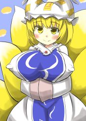 Rule 34 | 1girl, animal ears, blonde hair, blush, breasts, covered erect nipples, female focus, fox ears, fox tail, gaoo (frpjx283), hands in opposite sleeves, hat, highres, large breasts, simple background, solo, tabard, tail, touhou, yakumo ran, yellow eyes