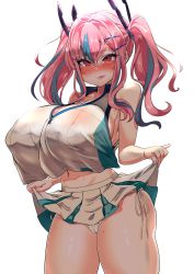 Rule 34 | 1girl, :p, azur lane, bare shoulders, blue hair, blush, breasts, bremerton (azur lane), bremerton (scorching-hot training) (azur lane), clothes lift, collarbone, commentary request, covered erect nipples, crop top, crop top overhang, ear piercing, hair between eyes, hair ornament, hairclip, highres, huge breasts, kishin tatu, lifting own clothes, long hair, looking at viewer, multicolored hair, navel, panties, piercing, pink eyes, pink hair, saliva, saliva trail, shirt, side-tie panties, sidelocks, simple background, skirt, skirt lift, sleeveless, sleeveless shirt, solo, sportswear, standing, streaked hair, sweat, tennis uniform, thighs, tongue, tongue out, twintails, two-tone shirt, two-tone skirt, underwear, white background, white panties, x hair ornament
