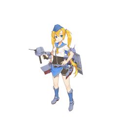 Rule 34 | 1girl, black shorts, blonde hair, blue eyes, blue footwear, blue hat, boots, breasts, cannon, closed mouth, colored eyelashes, covered erect nipples, full body, garrison cap, hand on own hip, hat, heiyz, johnston (warship girls r), long hair, looking at viewer, machinery, official art, sailor collar, sash, shirt, shorts, small breasts, smile, solo, standing, torpedo, transparent background, turret, twintails, very long hair, warship girls r, white shirt