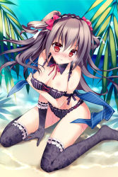 Rule 34 | 10s, 1girl, all fours, beach, bikini, bottle, drill hair, elbow gloves, frilled thighhighs, frills, gloves, idolmaster, idolmaster cinderella girls, kanzaki ranko, long hair, red eyes, rei (rei&#039;s room), silver hair, sitting, solo, swimsuit, thighhighs, twin drills, twintails, wariza, water bottle, wet