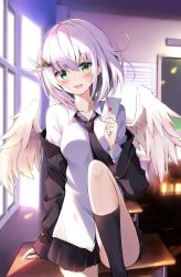Rule 34 | 1girl, angel wings, black jacket, black skirt, black socks, classroom, collared shirt, commentary request, desk, envelope, feathered wings, green eyes, hair ornament, heart, highres, holding, hyurasan, indoors, jacket, knee up, long sleeves, looking at viewer, miniskirt, necktie, off shoulder, on desk, open clothes, open jacket, open mouth, original, pleated skirt, shirt, short hair, sitting, on desk, skirt, smile, socks, solo, white hair, white shirt, wings