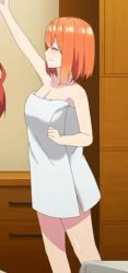 Rule 34 | 1girl, animated, animated gif, blue eyes, blush, breasts, cleavage, convenient arm, convenient censoring, embarrassed, go-toubun no hanayome, indoors, lowres, medium breasts, nakano yotsuba, naked towel, open mouth, orange hair, short hair, smile, solo, standing, towel, towel slip, wardrobe malfunction
