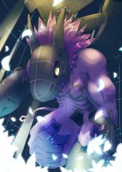 Rule 34 | abs, blue hair, digimon, digimon (creature), dragon, dragon tail, flying, gauntlets, gigadramon, grin, helmet, highres, looking down, mechanical arms, mechanical wings, muscular, open mouth, sharp teeth, simple background, smile, solo, tail, teeth, weapon, wings