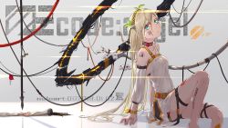 Rule 34 | 1girl, armband, bare shoulders, blonde hair, blue eyes, cable, choker, cyberpunk, detached sleeves, dress, expressionless, hairband, halo, highres, long hair, looking at viewer, mechanical halo, mechanical parts, mechanical wings, multicolored eyes, nule3309, orange eyes, original, qr code, science fiction, sitting, solo, tattoo, thigh strap, white dress, wings