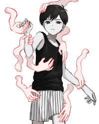 1boy black_eyes black_hair black_tank_top collarbone colored_skin highres looking_at_viewer omori omori_(omori) parted_lips renshu_usodayo shorts simple_background solo striped_clothes striped_shorts tank_top vertical-striped_clothes vertical-striped_shorts white_background white_shorts white_skin