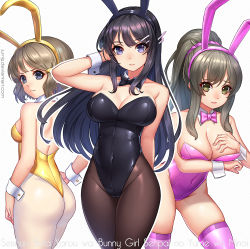 Rule 34 | 10s, 3girls, adjusting hair, alternate costume, animal ears, arm up, ass, back, bare arms, bare back, bare shoulders, black hair, black legwear, black leotard, black neckwear, blue eyes, bow, bowtie, breast hold, breasts, brown hair, brown legwear, cleavage, copyright name, covered navel, cowboy shot, detached collar, embarrassed, expressionless, fake animal ears, female focus, from behind, futaba rio, green eyes, grey hair, hair between eyes, hair ornament, hair scrunchie, hairclip, hand on own hip, hand on own chest, hand up, jurrig, koga tomoe, large breasts, leaning, leaning forward, legs, leotard, lineup, lips, long hair, looking at viewer, looking back, multiple girls, pantyhose, pink bunny ears, pink legwear, pink leotard, pink neckwear, pink scrunchie, playboy bunny, ponytail, rabbit ears, sakurajima mai, scrunchie, seishun buta yarou, serious, short hair, shy, sideboob, sidelocks, simple background, small breasts, standing, strapless, strapless leotard, thighhighs, watermark, web address, white background, white legwear, wrist cuffs, yellow bunny ears, yellow leotard