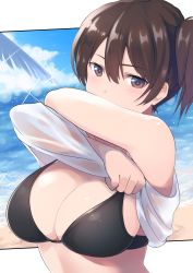 Rule 34 | 1girl, absurdres, bare shoulders, beach, bikini, black bikini, blush, breasts, brown eyes, brown hair, cleavage, clothes lift, commentary request, covered mouth, day, dyson (edaokunnsaikouya), glint, hair between eyes, highres, kaga (kancolle), kantai collection, large breasts, lifted by self, looking at viewer, outdoors, outside border, revision, shirt, shirt lift, side ponytail, solo, strap gap, swimsuit, undressing, upper body, white shirt