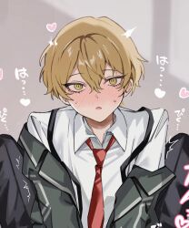 Rule 34 | 1boy, blonde hair, blush, coat, collared shirt, green coat, heart, highres, implied sex, limbus company, long sleeves, mu46016419, necktie, project moon, red necktie, shirt, short hair, sinclair (project moon), solo, sweat, sweatdrop, translation request, upper body, white shirt, yellow eyes
