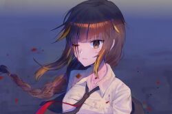 Rule 34 | 1girl, black jacket, blood, brown eyes, brown hair, girls&#039; frontline, jacket, long hair, m16a1 (girls&#039; frontline), mole, mole under eye, multicolored hair, necktie, off shoulder, one eye closed, open mouth, scar, shirt, simple background, upper body, xanax025, yellow shirt