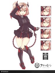 Rule 34 | 1girl, :p, ;d, ^ ^, absurdres, aged down, alternate costume, alternate hairstyle, arm up, azur lane, black gloves, black jacket, black skirt, boots, brown eyes, brown hair, closed eyes, commentary request, copyright name, cross, empty eyes, expression chart, full body, gloves, grin, hair between eyes, headgear, highres, iron blood (emblem), iron cross, jacket, knee boots, logo, long hair, long sleeves, looking at viewer, multicolored hair, one eye closed, one side up, open mouth, roon (azur lane), salute, sidelocks, simple background, skirt, smile, solo, streaked hair, takkikun, tongue, tongue out, twitter username, two-tone hair, white background