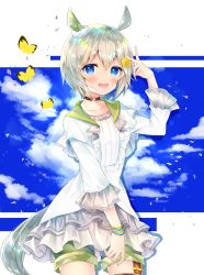 Rule 34 | 1girl, :d, animal ears, blue eyes, blue sky, blush, bracelet, bug, butterfly, cloud, cloudy sky, collar, commentary request, cowboy shot, flower, frilled sleeves, frills, grey hair, hair flower, hair ornament, haruhitooo, highres, horse ears, horse girl, horse tail, insect, jewelry, long sleeves, looking at viewer, open mouth, painttool sai (medium), seiun sky (umamusume), short hair, shorts, sky, smile, solo, tail, umamusume