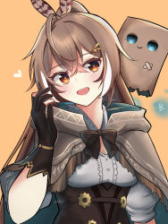Rule 34 | :&gt;, ahoge, artist name, bag, bandaid, bow, breasts, brown bow, brown eyes, brown gloves, brown hair, cloak, feather hair ornament, feathers, friend (nanashi mumei), gloves, hair ornament, hairclip, hand up, highres, hololive, hololive english, hood, hooded cloak, long hair, medium breasts, multicolored hair, nanashi mumei, open mouth, paper bag, partially fingerless gloves, rinny rin2, runes, simple background, streaked hair, teeth, upper teeth only, very long hair, virtual youtuber, yellow background