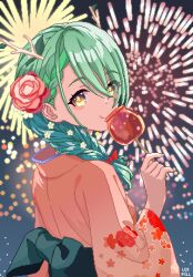 Rule 34 | 1girl, bow, braid, candy apple, ceres fauna, ceres fauna (new year), fireworks, floral print, flower, food, green hair, hair flower, hair ornament, hair over one eye, highres, hololive, hololive english, japanese clothes, kimono, leopxl, looking at viewer, official alternate costume, pixel art, solo, tongue, tongue out, virtual youtuber, yellow eyes