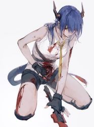 Rule 34 | 1girl, arknights, bad id, bad twitter id, bare shoulders, bleeding, blood, blood on clothes, blood on face, blue hair, ch&#039;en (arknights), dragon horns, dragon tail, hair between eyes, holding, horns, injury, long hair, otammato, red eyes, shirt, short shorts, shorts, sidelocks, sleeveless, solo, tail, thighs, weapon, white shirt