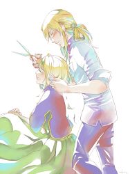 Rule 34 | 00s, 1boy, 1girl, ada vessalius, blonde hair, blush, capelet, colored eyelashes, cutting hair, dress, earrings, closed eyes, hands on lap, heterochromia, jewelry, long hair, numina, open mouth, pandora hearts, scissors, short hair, smile, spoilers, vincent nightray, white background, yellow eyes