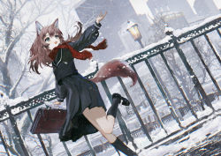 Rule 34 | 1girl, absurdres, animal ears, bag, black footwear, black socks, black serafuku, black shirt, black skirt, brown hair, building, city, closed umbrella, commentary request, dutch angle, fox ears, fox tail, grey eyes, hand up, highres, hirooriginals, holding, holding bag, holding umbrella, kneehighs, lamppost, long hair, long sleeves, open mouth, original, outdoors, outstretched arm, pleated skirt, railing, red scarf, scarf, school bag, school uniform, serafuku, shirt, skirt, smile, snow, snowing, socks, solo, tail, tree, umbrella