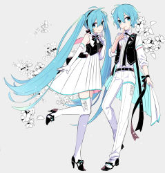 Rule 34 | 1boy, 1girl, adapted costume, arm at side, belt, black footwear, black hairband, black ribbon, blue eyes, blue hair, blue nails, breasts, capelet, commentary, dot nose, dress, dress shirt, elbow gloves, finger to cheek, finger to mouth, fingernails, floral background, flower, formal, full body, genderswap, genderswap (ftm), gloves, grey background, hair between eyes, hairband, happy, hatsune miku, hatsune mikuo, high heels, jacket, long hair, long sleeves, looking at viewer, miku symphony (vocaloid), nail polish, necktie, open clothes, open jacket, pants, pleated dress, ribbon, shirt, short dress, simple background, sleeveless, sleeveless dress, small breasts, smile, standing, standing on one leg, symbol-only commentary, thighhighs, twintails, undone necktie, very long hair, vocaloid, waistcoat, white dress, white flower, white gloves, white pants, white shirt, white thighhighs, yoshiki, zettai ryouiki