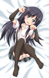 Rule 34 | 10s, 1girl, arm warmers, asashio (kancolle), bed sheet, black hair, black thighhighs, blue eyes, blush, highres, kantai collection, long hair, lying, on bed, open mouth, panties, paw pose, pleated skirt, school uniform, shirt, short sleeves, skirt, smile, solo, suspenders, tamayan, thighhighs, unbuttoned, underwear, white panties, white shirt