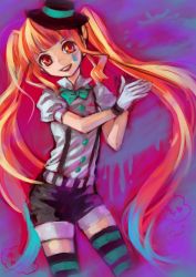 1girl ama-tou bad_id bad_pixiv_id female_focus formal gloves hat hatsune_miku highres hime_cut long_hair matching_hair/eyes mini_hat mini_top_hat mrs.pumpkin_no_kokkei_na_yume_(vocaloid) orange_eyes orange_hair smile solo striped_clothes striped_thighhighs suspenders thighhighs top_hat twintails vocaloid