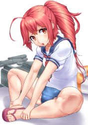 Rule 34 | 10s, 1girl, :o, ahoge, bad id, bad pixiv id, feet, feet together, hands on feet, highres, holding legs, i-168 (kancolle), indian style, kantai collection, leg hold, long hair, open mouth, ponytail, red eyes, red hair, sandals, school swimsuit, school uniform, serafuku, simple background, sitting, solo, swimsuit, swimsuit under clothes, toes, torpedo, white background, yoshiwa tomo