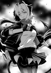 Rule 34 | 1girl, absurdres, arknights, black jacket, black skirt, breasts, commentary, controller, debris, detonator, dithering, evil smile, fingerless gloves, gloves, greyscale, high collar, highres, holding, holding remote control, horns, jacket, looking at viewer, medium breasts, miniskirt, monochrome, open clothes, open jacket, pantyhose, parted lips, remote control, shirt, short hair, short sleeves, sidelocks, skirt, smile, solo, tail, toxin000x, w (arknights), white shirt