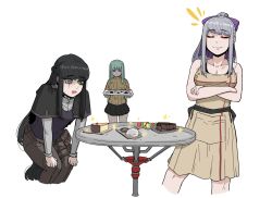 Rule 34 | 3girls, black hair, black skirt, blue eyes, blush, bow, breasts, brown sweater, cheesecake, cleavage, closed eyes, cropped legs, crossed arms, feet out of frame, food, green eyes, green hair, grey eyes, grey hair, hair bow, heterochromia, highres, long hair, macaron, multiple girls, open mouth, original, pleated skirt, purple bow, rusellunt, sidelocks, simple background, skirt, sparkle, sweater, table, very long hair, white background
