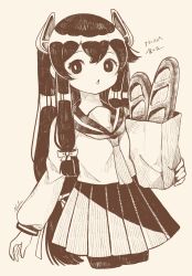 Rule 34 | 1girl, alternate costume, bag, bow, bread, brown theme, commentary, cropped legs, food, hair bow, hair ribbon, headgear, highres, holding, holding bag, i-47 (kancolle), kantai collection, loaf of bread, long hair, long sleeves, low-tied long hair, monochrome, nada namie, neckerchief, paper bag, parted lips, pleated skirt, ribbon, sailor collar, school uniform, serafuku, skirt, solo, translation request, very long hair