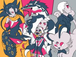 Rule 34 | 3boys, alolan form, alolan persian, alternate eye color, arm behind head, belt, bike shorts, black hair, black jacket, closed mouth, commentary request, creatures (company), cropped jacket, eyeshadow, game freak, gen 5 pokemon, gen 7 pokemon, gen 8 pokemon, grimsley (pokemon), gym leader, hair between eyes, hand up, hands up, holding, holding microphone, island kahuna, jacket, liepard, long hair, long sleeves, makeup, male focus, microphone, multicolored hair, multiple boys, music, nanu (pokemon), nintendo, obstagoon, ohhhhhhtsu, open mouth, piers (pokemon), pokemon, pokemon (creature), pokemon bw, pokemon sm, pokemon swsh, raised eyebrows, scarf, shirt, short sleeves, singing, smile, spiked hair, teeth, two-tone hair, white hair, white jacket