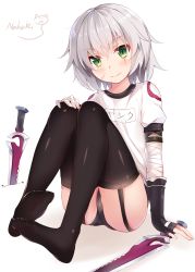 Rule 34 | 1girl, :3, artist name, bandaged arm, bandages, black gloves, black thighhighs, blush, buruma, cat, closed mouth, crossed bangs, dagger, dual wielding, facial scar, fate/apocrypha, fate (series), fingerless gloves, garter straps, gloves, green eyes, gym uniform, highres, holding, jack the ripper (fate/apocrypha), knees up, knife, looking at viewer, nahaki, name tag, scar, scar across eye, scar on cheek, scar on face, short hair, short sleeves, signature, silver hair, simple background, sin-poi, sitting, smile, solo, thighhighs, thighs, weapon, white background, | |