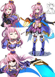 Rule 34 | 1girl, absurdres, alternate costume, armor, armored dress, boots, collarbone, crown, eating, green eyes, hair rings, heterochromia, highres, himemori luna, hololive, laughing, looking at viewer, armored boots, multiple views, ojou-sama pose, open mouth, pantyhose, purple eyes, purple hair, side ponytail, sparkle, spoon, thigh boots, thighhighs, trap (drthumt), virtual youtuber, weapon, weapon on back