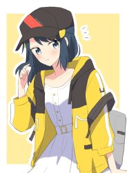 Rule 34 | 1girl, backpack, bag, black hair, blush, border, buttons, closed mouth, commentary request, creatures (company), dawn (pokemon), dress, game freak, grey bag, grey eyes, hair ornament, hairclip, hand up, hat, highres, hood, hooded jacket, jacket, long hair, looking at viewer, nintendo, notice lines, ohn pkmn, open clothes, open jacket, outline, pokemon, pokemon bdsp, sidelocks, solo, white border, white dress, yellow background, yellow jacket