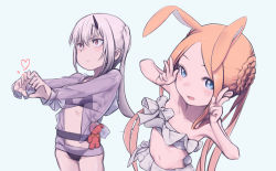 Rule 34 | 2girls, abigail williams (fate), abigail williams (swimsuit foreigner) (fate), abigail williams (swimsuit foreigner) (third ascension) (fate), absurdres, animal ears, bare shoulders, bikini, black bikini, blonde hair, blue eyes, blush, braid, breasts, daisi gi, fate/grand order, fate (series), forehead, hair rings, heart, heart hands, highres, horns, jacket, lavinia whateley (fate), long hair, long sleeves, looking at viewer, miniskirt, multiple girls, navel, open mouth, parted bangs, purple eyes, rabbit ears, see-through, see-through jacket, side ponytail, sidelocks, single horn, skirt, small breasts, smile, stuffed animal, stuffed toy, swimsuit, teddy bear, thighs, twin braids, twintails, very long hair, white bikini, white hair