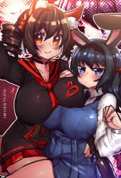 Rule 34 | 2girls, animal ear fluff, animal ears, asymmetrical docking, black choker, black hair, black shirt, blade &amp; soul, blue eyes, blue shirt, blush, breast press, breasts, rabbit ears, choker, closed mouth, commentary, drill hair, english commentary, fang, fang out, fox ears, hairband, highres, huge breasts, large breasts, long sleeves, looking at viewer, multiple girls, necktie, osiimi, pleated skirt, red eyes, red neckwear, red sailor collar, red skirt, sailor collar, shirt, signature, skirt, smile, twin drills, zoom layer