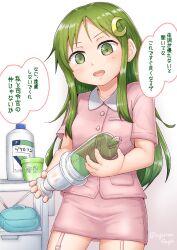 Rule 34 | 1girl, alternate costume, bottle, crescent, crescent hair ornament, crescent pin, garter straps, green eyes, green hair, hair ornament, highres, kantai collection, long hair, looking at viewer, nagatsuki (kancolle), nurse, onguuchi, oversized object, pencil skirt, pink shirt, pink skirt, shirt, skirt, solo, syringe, translation request