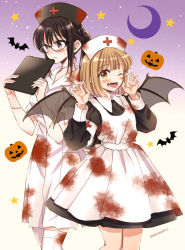 Rule 34 | 2girls, animal, apron, armband, bat (animal), black-framed eyewear, black dress, black headwear, black wings, blood, blood on clothes, blush, breasts, brown eyes, brown hair, clipboard, commentary request, crescent moon, cross, dress, embarrassed, fake wings, fangs, glasses, halloween, halloween costume, hands up, hat, himawari-san, himawari-san (character), holding, holding clipboard, jack-o&#039;-lantern, kazamatsuri matsuri, light brown hair, long hair, long sleeves, looking at viewer, looking away, lower teeth only, medium breasts, moon, multiple girls, nurse, nurse cap, one eye closed, ponytail, purple eyes, red cross, short hair, short sleeves, signature, standing, star (sky), star (symbol), stitches, sugano manami, sweat, teeth, thighhighs, tongue, tongue out, torn clothes, torn dress, white apron, white armband, white dress, white headwear, white thighhighs, wings