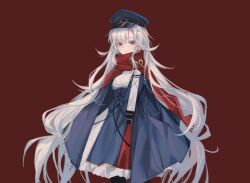 Rule 34 | 1girl, blue dress, blue hat, blue jacket, commentary, dress, english commentary, girls&#039; frontline, hair over eyes, hat, highres, jacket, long hair, looking at viewer, makarov (girls&#039; frontline), makarov (mod3) (girls&#039; frontline), mod3 (girls&#039; frontline), red background, red eyes, red scarf, scarf, simple background, smile, solo, taiyang ami, very long hair, white hair