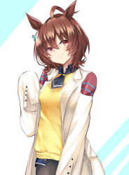 Rule 34 | 1girl, agnes tachyon (umamusume), ahoge, animal ears, black necktie, black pantyhose, black shirt, blue background, breasts, brown hair, closed mouth, collared shirt, commentary request, cowboy shot, hair between eyes, hand up, head tilt, highres, horse ears, lab coat, long sleeves, looking at viewer, medium breasts, necktie, open clothes, pantyhose, red eyes, setu (shining12), shirt, short necktie, sleeves past fingers, sleeves past wrists, smile, solo, standing, sweater vest, two-tone background, umamusume, white background