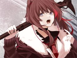 Rule 34 | 1girl, absurdres, animal ears, arknights, axe, bear ears, black choker, black sailor collar, blue eyes, brown hair, brown jacket, choker, earbuds, earphones, fur-trimmed jacket, fur trim, grey background, highres, holding, holding weapon, jacket, long hair, looking at viewer, moi2m3, multicolored hair, necktie, open mouth, over shoulder, pointing, pointing at self, red hair, red necktie, sailor collar, school uniform, shirt, sidelocks, solo, streaked hair, upper body, v-shaped eyebrows, weapon, weapon over shoulder, white shirt, zima (arknights)