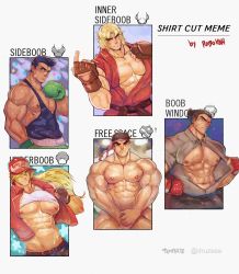 Rule 34 | 5boys, abs, bandaid, bandaid on cheek, bandaid on face, bara, bare pectorals, baseball cap, beckoning, black tank top, blonde hair, blush, boxing gloves, character request, clothes lift, completely nude, covering privates, covering crotch, dark-skinned male, dark skin, dougi, english text, glowing, glowing eye, grey shirt, hat, head tilt, headband, highres, jacket, ken masters, large pectorals, little mac, long hair, looking at viewer, male focus, mature male, meme, multiple boys, multiple drawing challenge, muscular, muscular male, navel, nipple slip, nipples, nude, open clothes, open jacket, open shirt, pectoral cleavage, pectorals, robokeh, ryu (street fighter), scar, scar on chest, shirt, shirt cut meme, shirt cut meme, shirt lift, short hair, sideburns, stomach, street fighter, sweat, tank top, thick thighs, thighs, veins