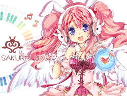 Rule 34 | 1girl, 96mame, angel wings, animal ears, bad id, bad pixiv id, rabbit ears, character name, character request, detached collar, gloves, hairband, headphones, long hair, mole, mole under eye, musical note, outstretched hand, pink hair, purple eyes, smile, solo, twintails, white gloves, wings