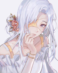 Rule 34 | 1girl, artist name, bad id, bad tumblr id, bandage on face, bandages, bandaid, bandaid on cheek, bandaid on face, blue eyes, bra, bra strap, bracelet, camellia, clivenzu, closed mouth, collarbone, commentary, dress, english commentary, eyebrows, eyepatch, fingernails, flower, frilled shirt, frills, grey background, hair flower, hair intakes, hair ornament, hand on own face, hand up, head tilt, jewelry, leaf, light smile, lips, long hair, looking at viewer, one eye covered, original, purple eyes, red flower, revision, ring, shirt, simple background, smile, solo, star (clivenzu), star (symbol), star eyepatch, underwear, upper body, white background, white dress, white hair, white shirt, yellow bra